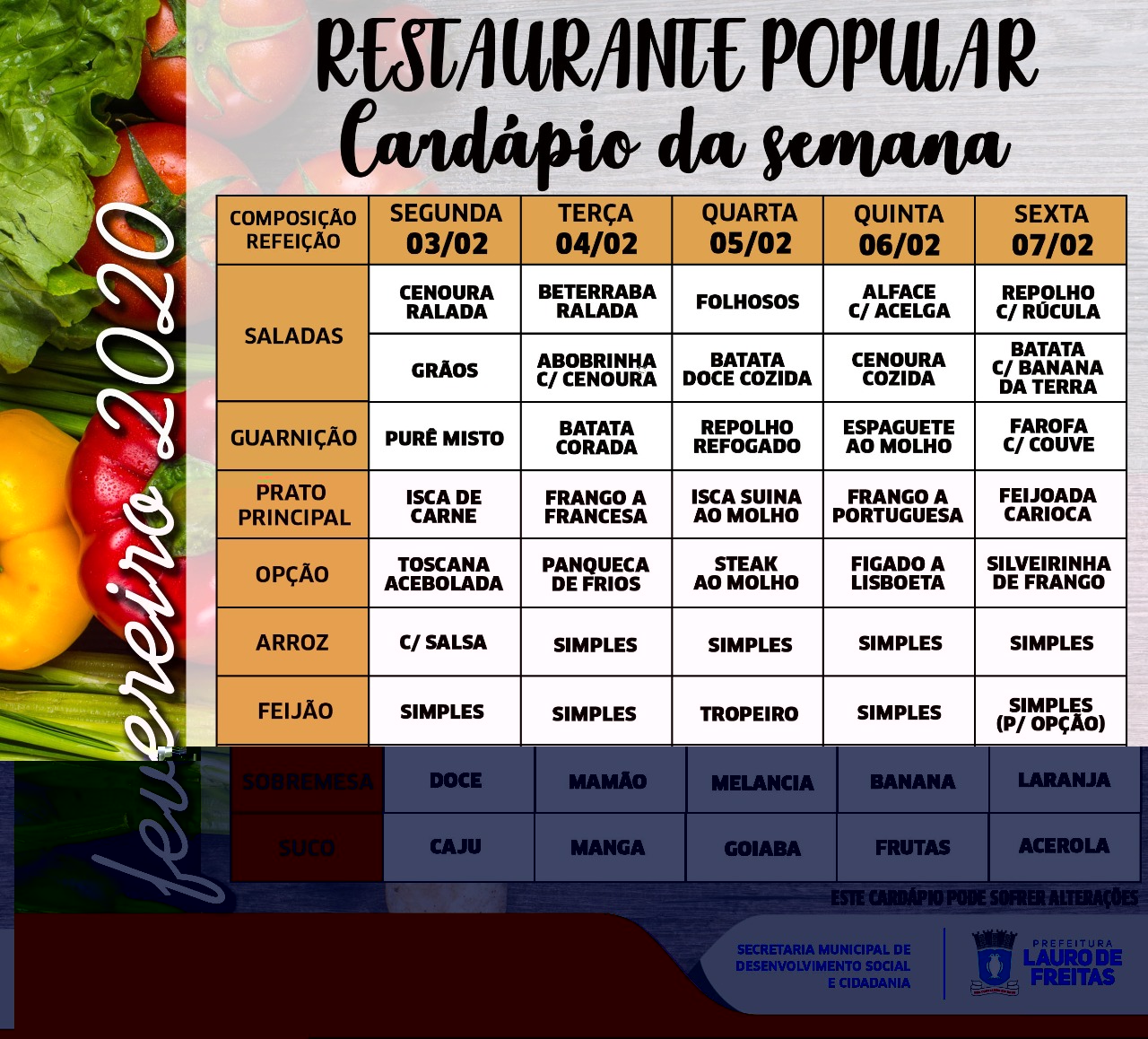 Confira o Cardpio desta semana do Restaurante Popular e Cozinha Comunitria de Itinga