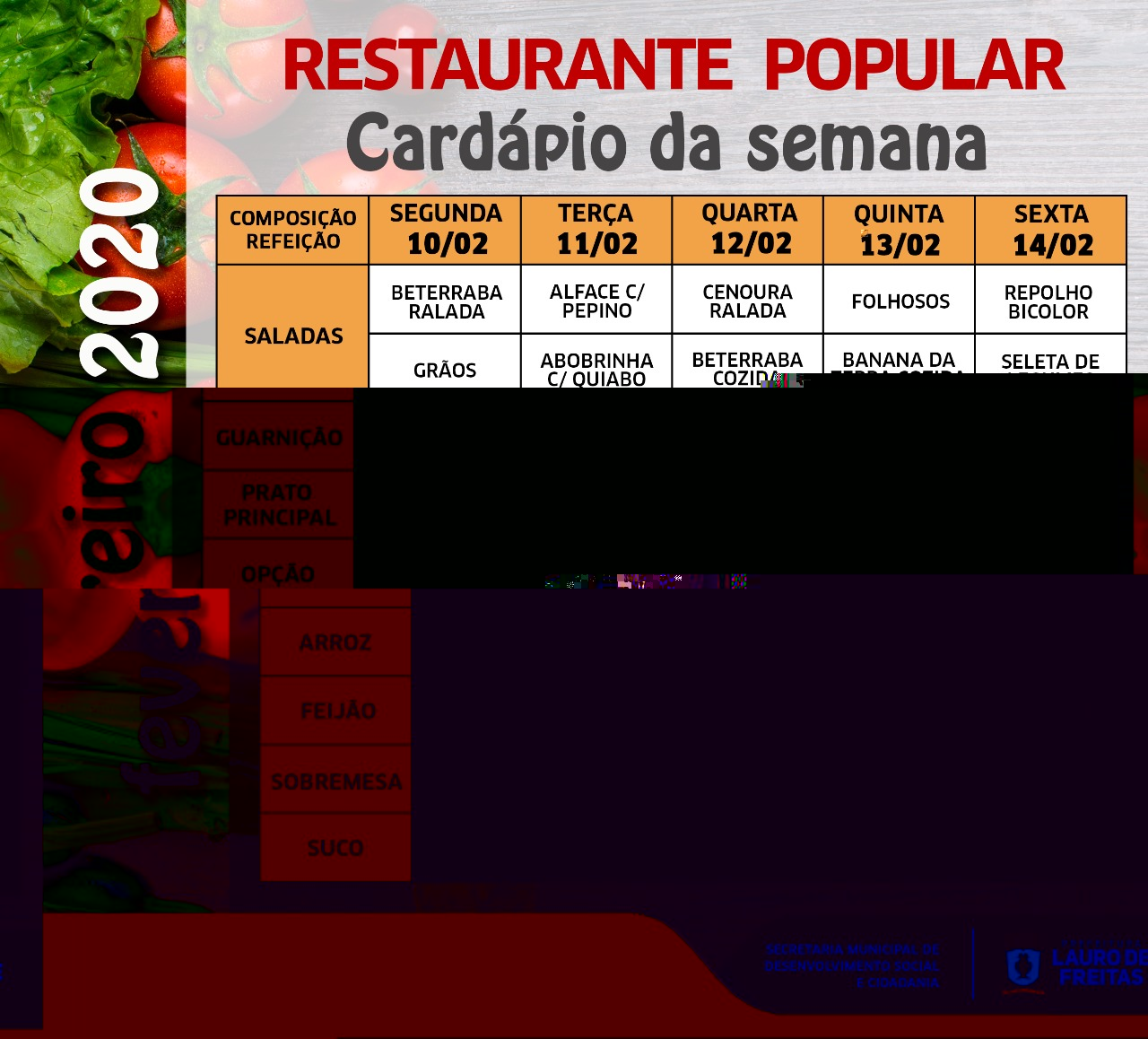 Confira o Cardpio do Restaurante Popular e Cozinha Comunitria desta semana