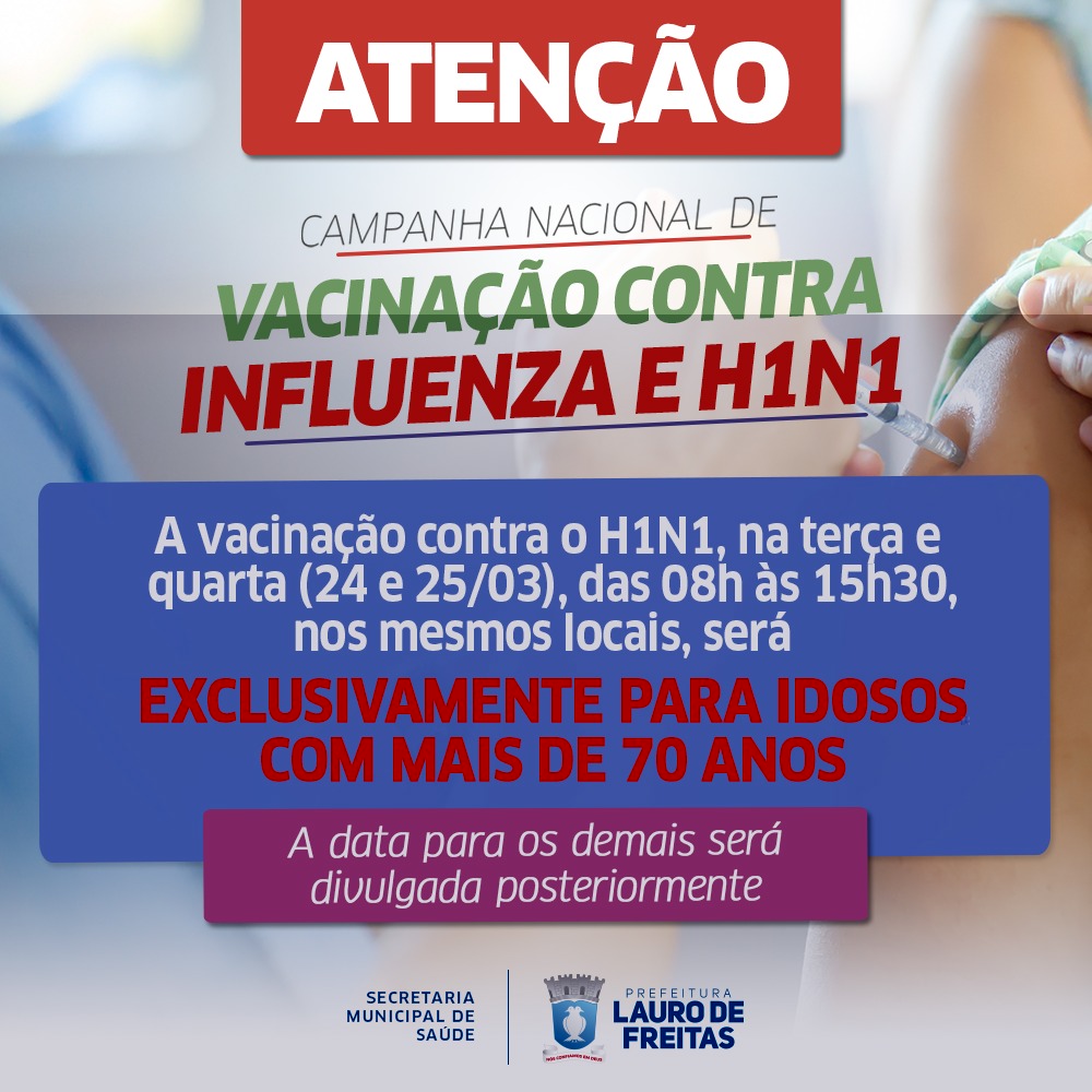 Vacinao ser exclusivamente para idosos acima de 70 anos nesta tera e quarta (24 e 25) em Lauro de Freitas